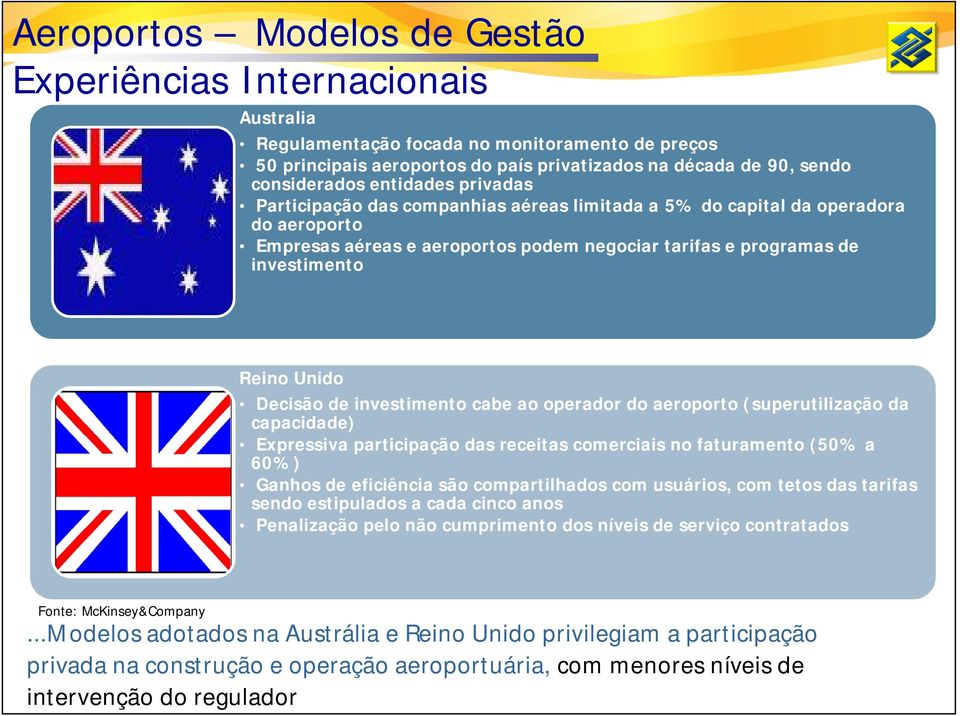 Decisão de investimento cabe ao operador do aeroporto (superutilização da capacidade) Expressiva participação das receitas comerciais no faturamento (50% a 60%) Ganhos de eficiência são