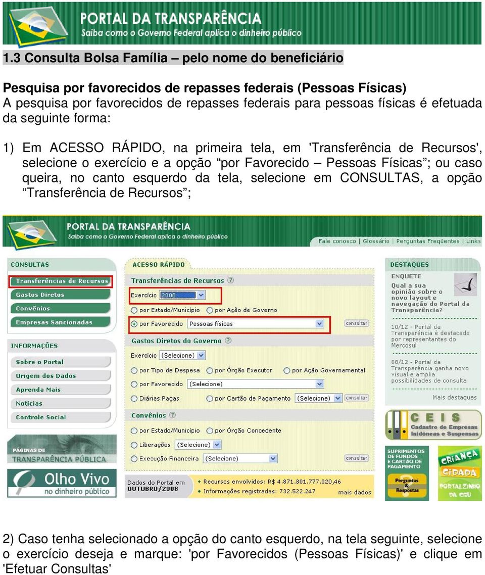 opção por Favorecido Pessoas Físicas ; ou caso queira, no canto esquerdo da tela, selecione em CONSULTAS, a opção Transferência de Recursos ; 2) Caso tenha