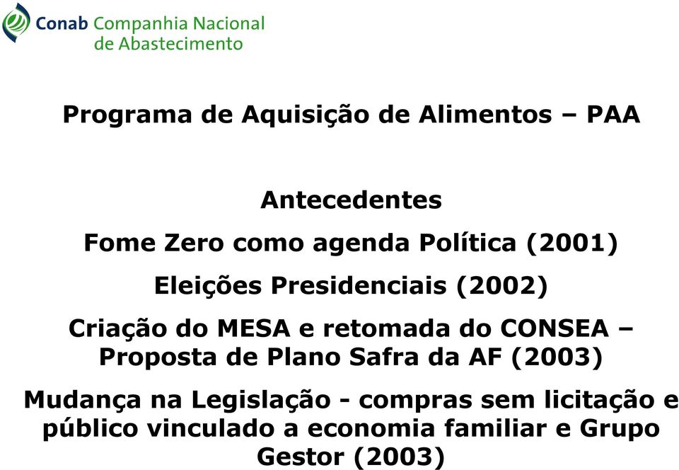 CONSEA Proposta de Plano Safra da AF (2003) Mudança na Legislação - compras