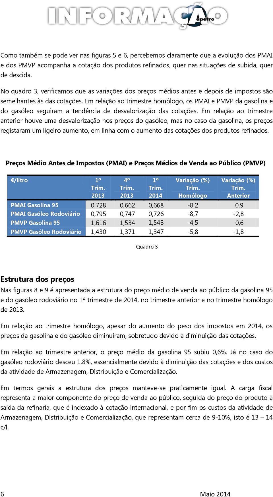 Em relação ao trimestre homólogo, os PMAI e PMVP da gasolina e do gasóleo seguiram a tendência de desvalorização das cotações.