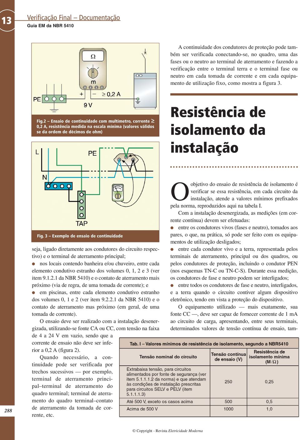 2 Ensaio de continuidade com multímetro, corrente 0,2 A, resistência medida na escala mínima (valores válidos se da ordem de décimos de ohm) Resistência de isolamento da instalação 288 Fig.