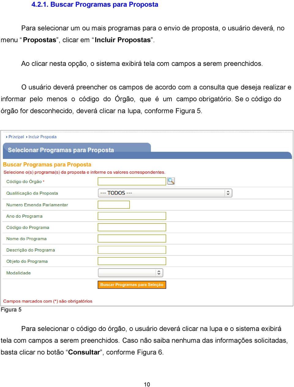 O usuário deverá preencher os campos de acordo com a consulta que deseja realizar e informar pelo menos o código do Órgão, que é um campo obrigatório.