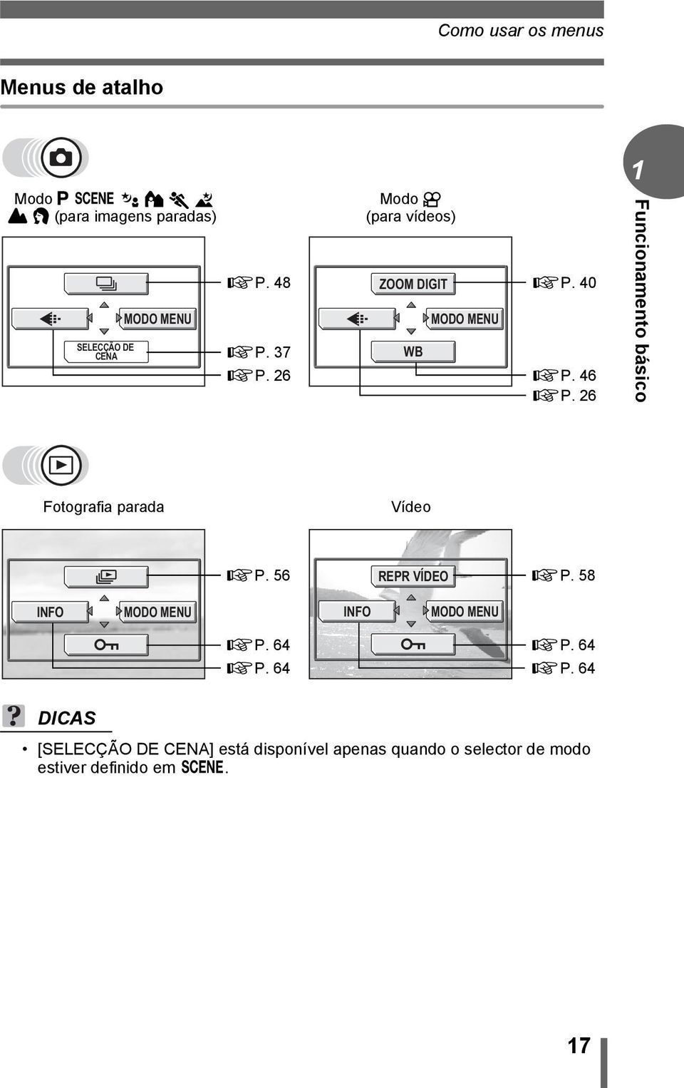 26 1 Funcionamento básico Fotografia parada Vídeo m gp. 56 REPR VÍDEO gp.