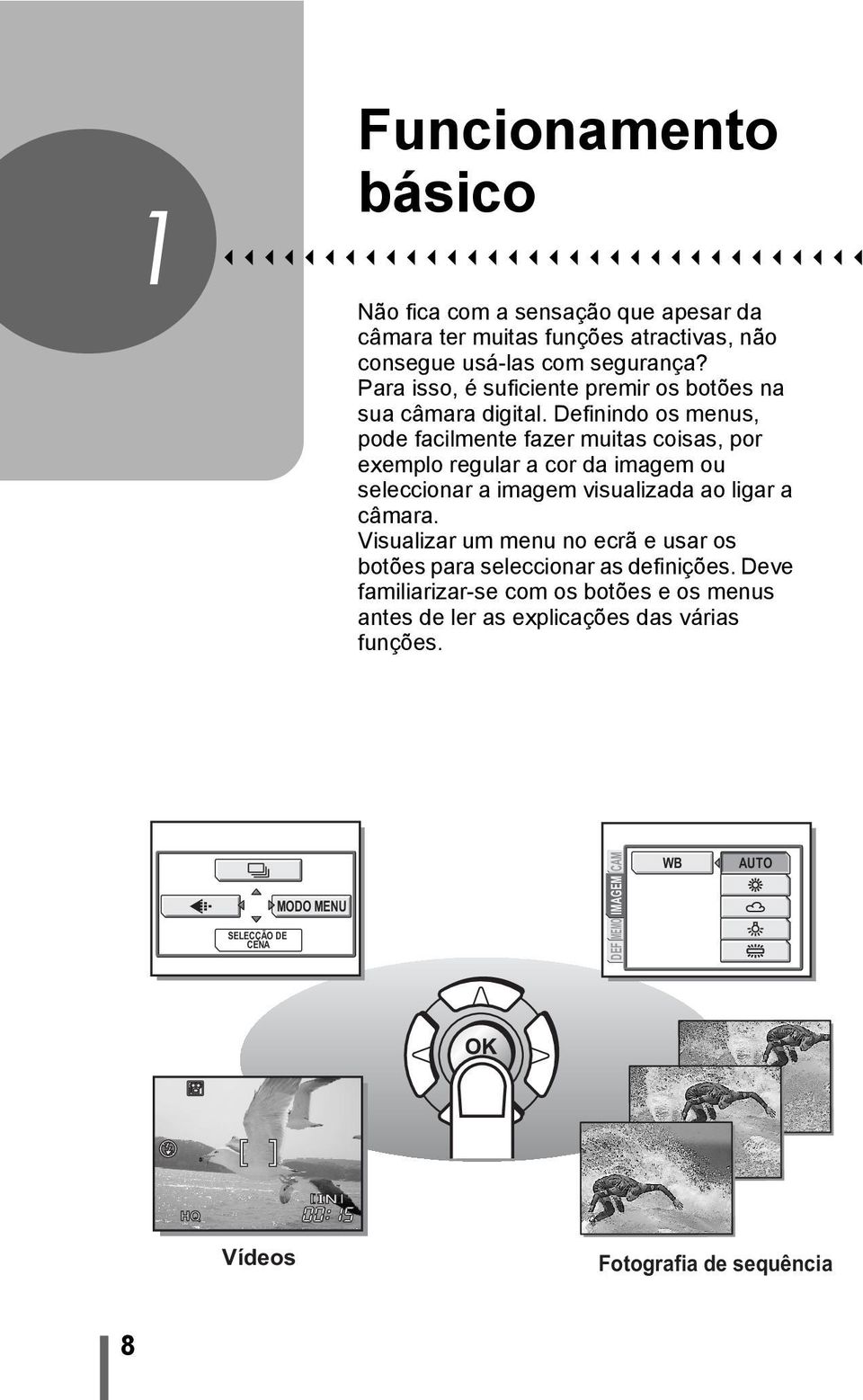 Definindo os menus, pode facilmente fazer muitas coisas, por exemplo regular a cor da imagem ou seleccionar a imagem visualizada ao ligar a câmara.