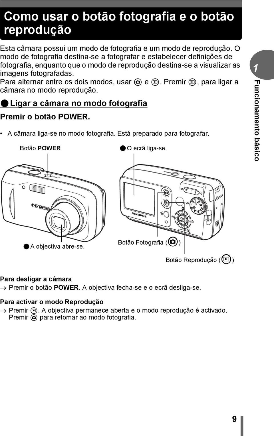 Para alternar entre os dois modos, usar # e $. Premir $, para ligar a câmara no modo reprodução. (Ligar a câmara no modo fotografia Premir o botão POWER. A câmara liga-se no modo fotografia.