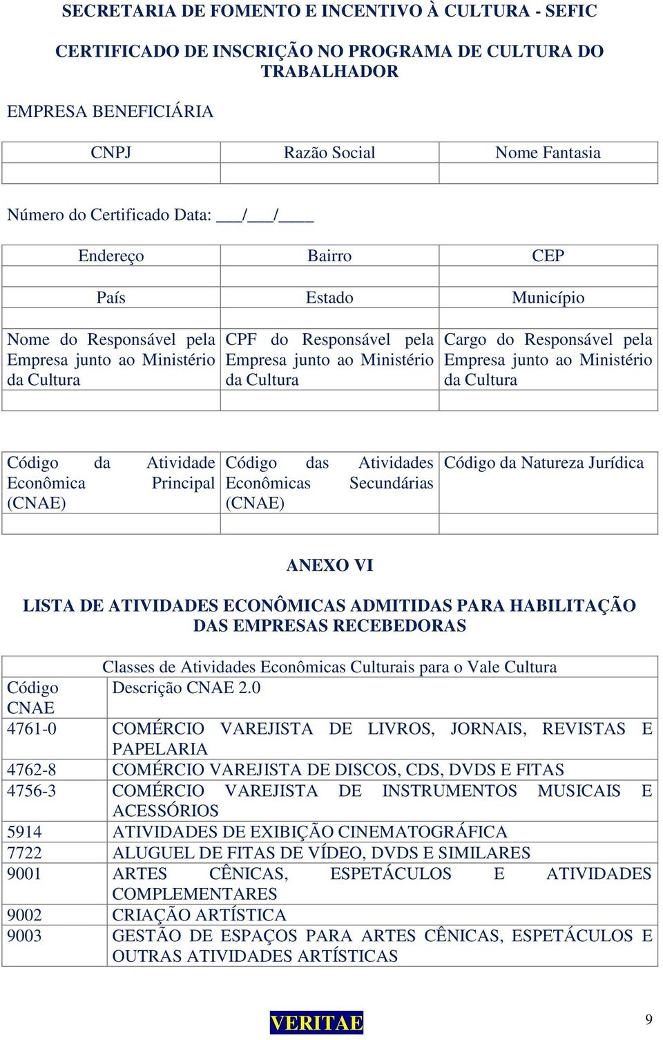 Secundárias (CNAE) Código da Natureza Jurídica ANEXO VI LISTA DE ATIVIDADES ECONÔMICAS ADMITIDAS PARA HABILITAÇÃO DAS EMPRESAS RECEBEDORAS Classes de Atividades Econômicas Culturais para o Vale