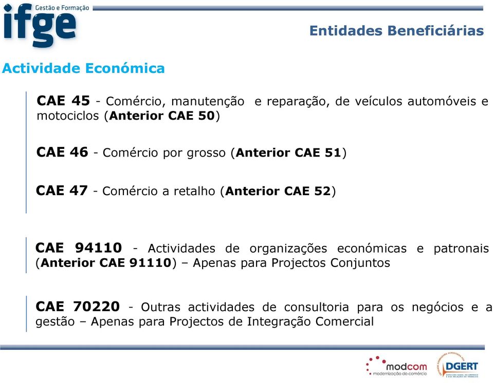 52) CAE 94110 - Actividades de organizações económicas e patronais (Anterior CAE 91110) Apenas para Projectos