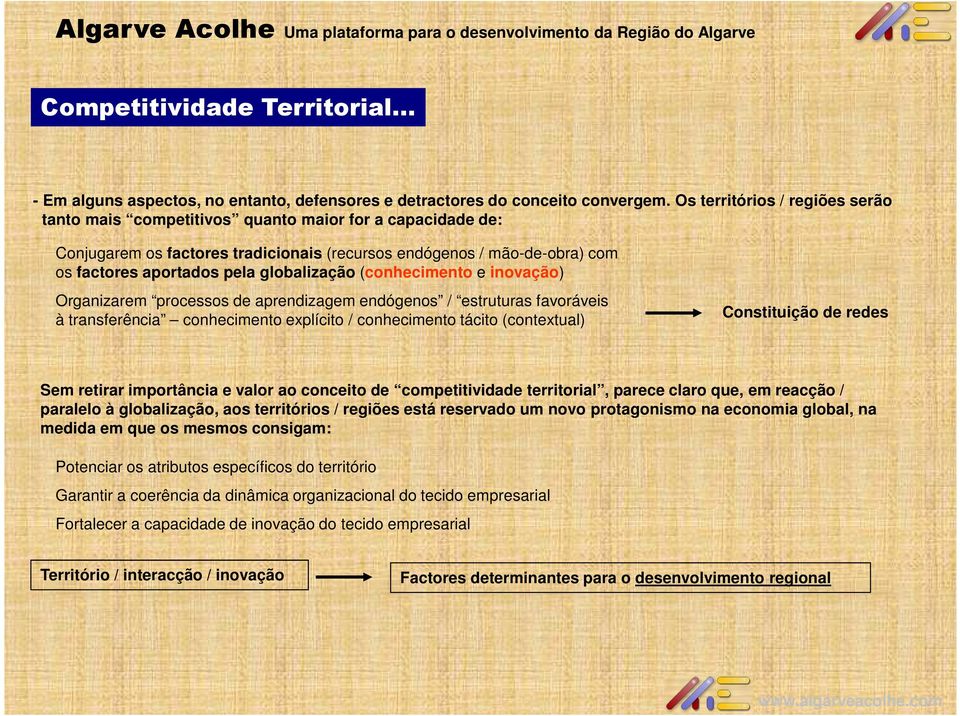 globalização (conhecimento e inovação) Organizarem processos de aprendizagem endógenos / estruturas favoráveis à transferência conhecimento explícito / conhecimento tácito (contextual) Constituição