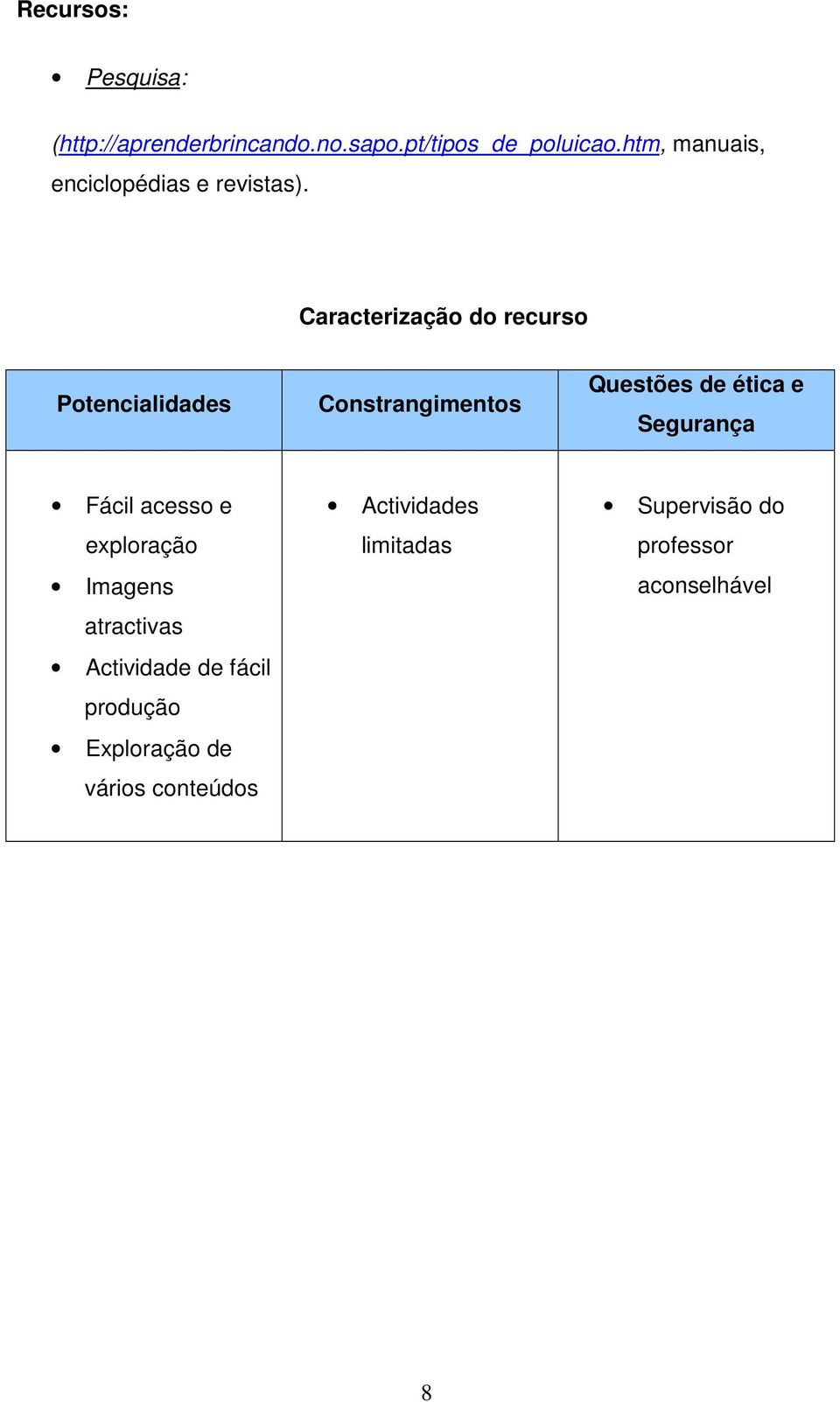 Caracterização do recurso Potencialidades Constrangimentos Questões de ética e Segurança