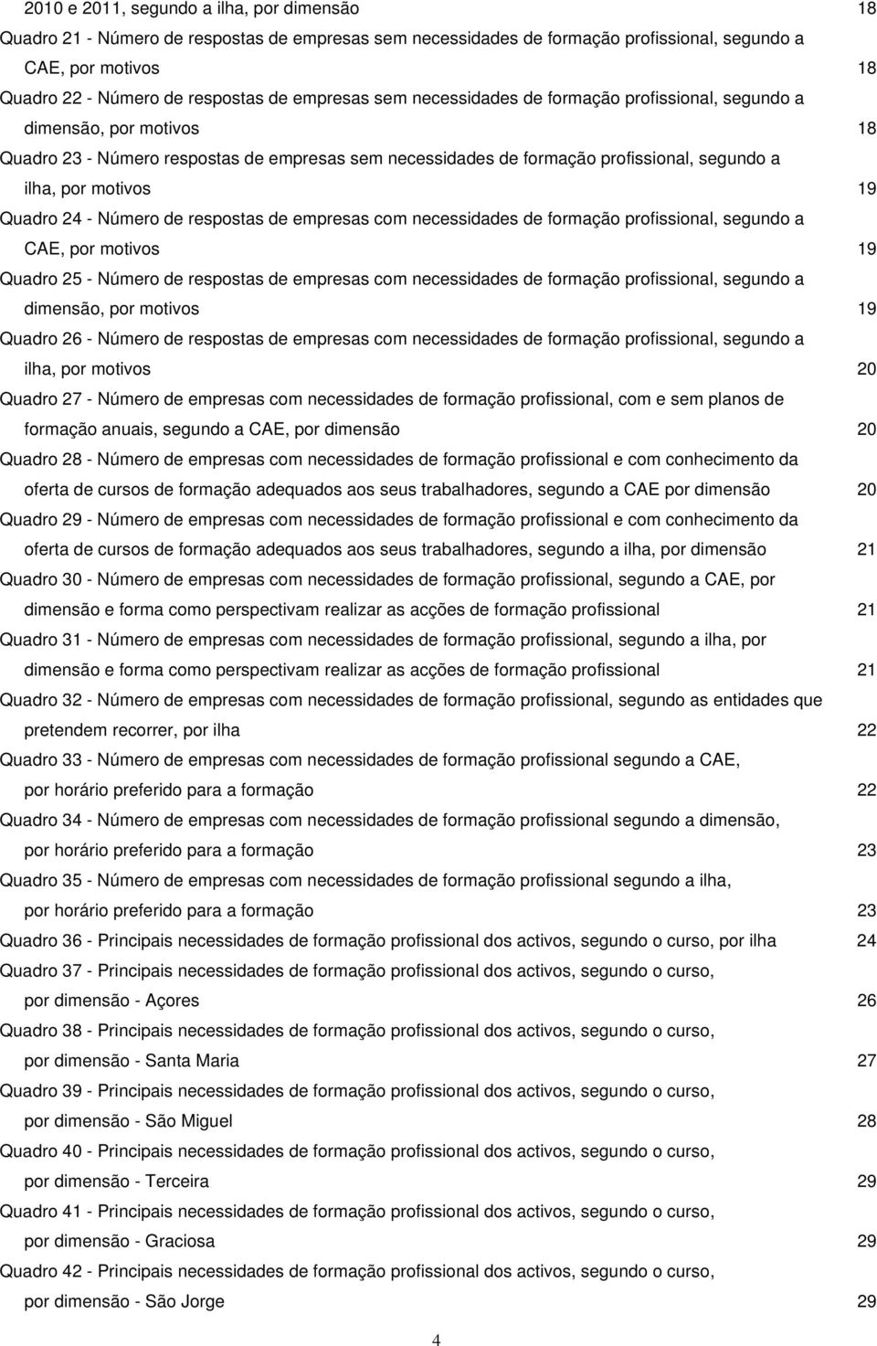 19 Quadro 24 - Número de respostas de empresas com necessidades de formação profissional, segundo a CAE, por motivos 19 Quadro 25 - Número de respostas de empresas com necessidades de formação