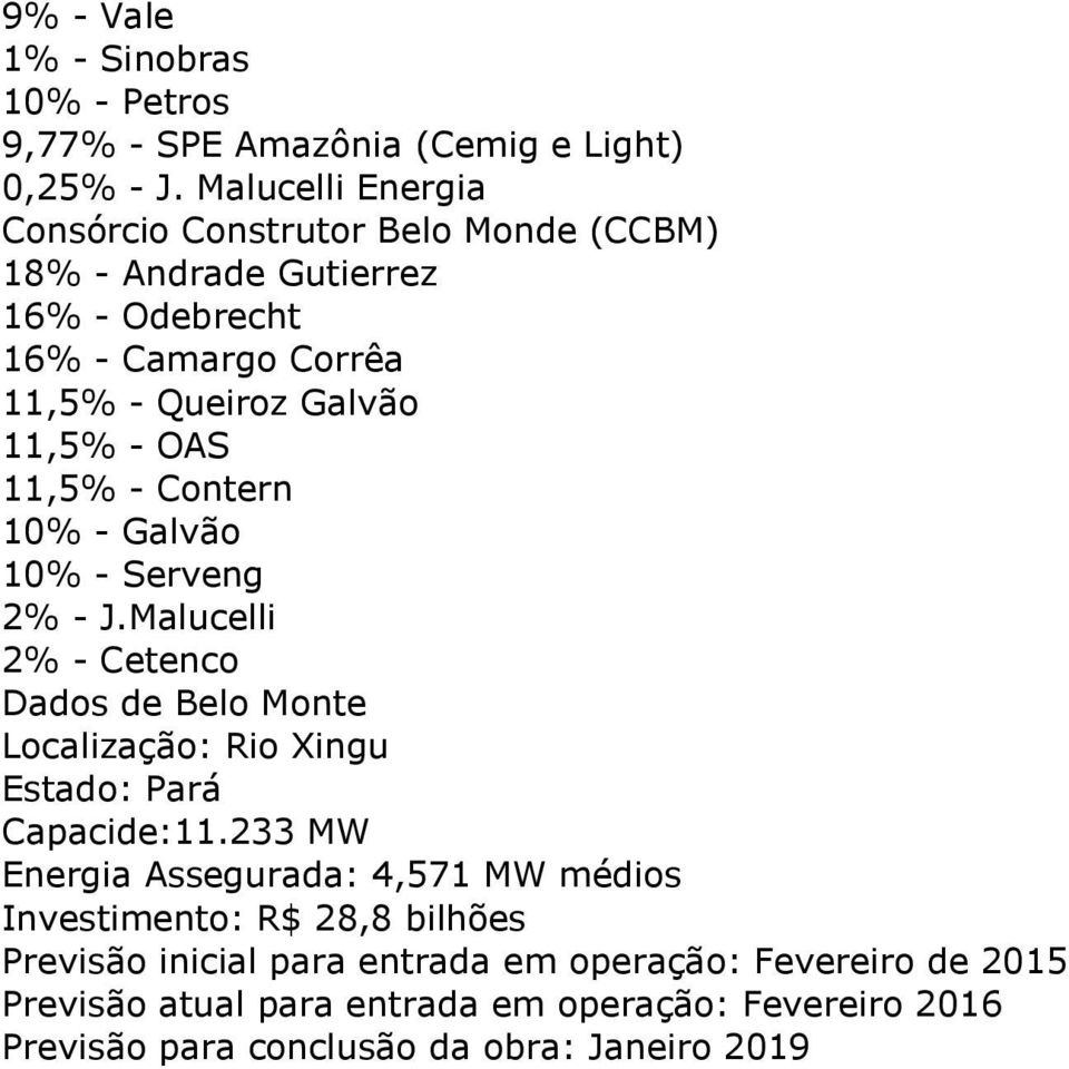 11,5% - Contern 10% - Galvão 10% - Serveng 2% - J.Malucelli 2% - Cetenco Dados de Belo Monte Localização: Rio Xingu Estado: Pará Capacide:11.