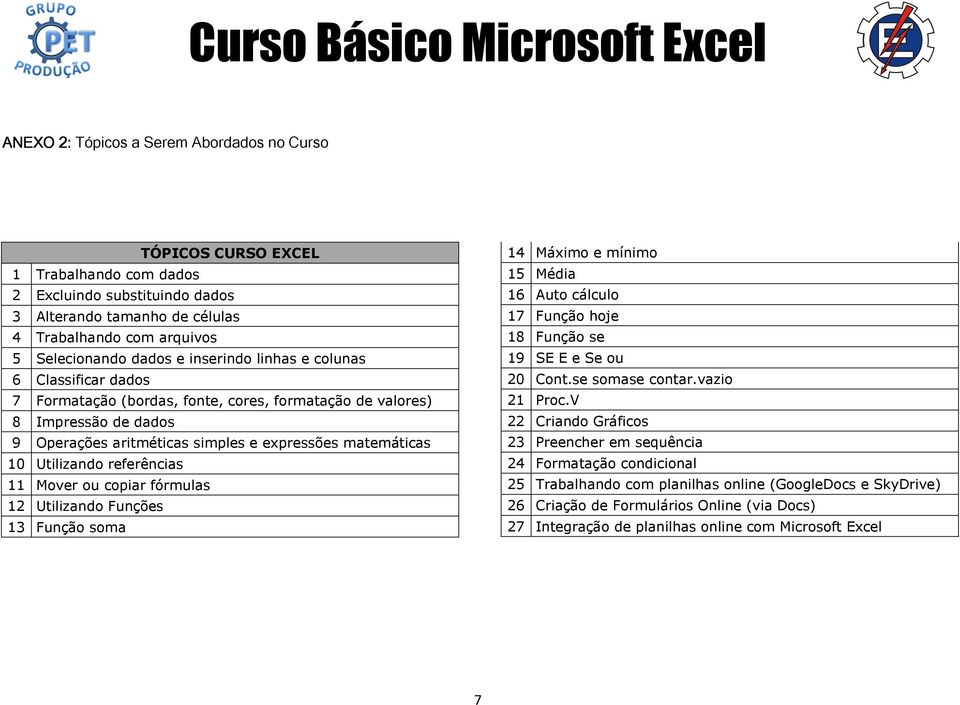referências 11 Mover ou copiar fórmulas 12 Utilizando Funções 13 Função soma 14 Máximo e mínimo 15 Média 16 Auto cálculo 17 Função hoje 18 Função se 19 SE E e Se ou 20 Cont.se somase contar.