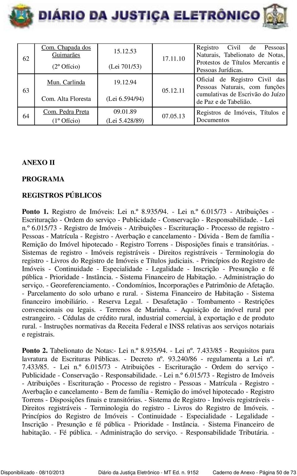 Oficial de Registro Civil das Pessoas Naturais, com funções cumulativas de Escrivão do Juízo de Paz e de Tabelião.