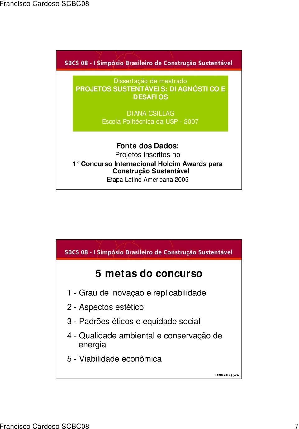 2005 5 metas do concurso 1 - Grau de inovação e replicabilidade 2 - Aspectos estético 3 - Padrões éticos e equidade social