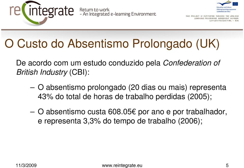 representa 43% do total de horas de trabalho perdidas (2005); O absentismo custa 608.