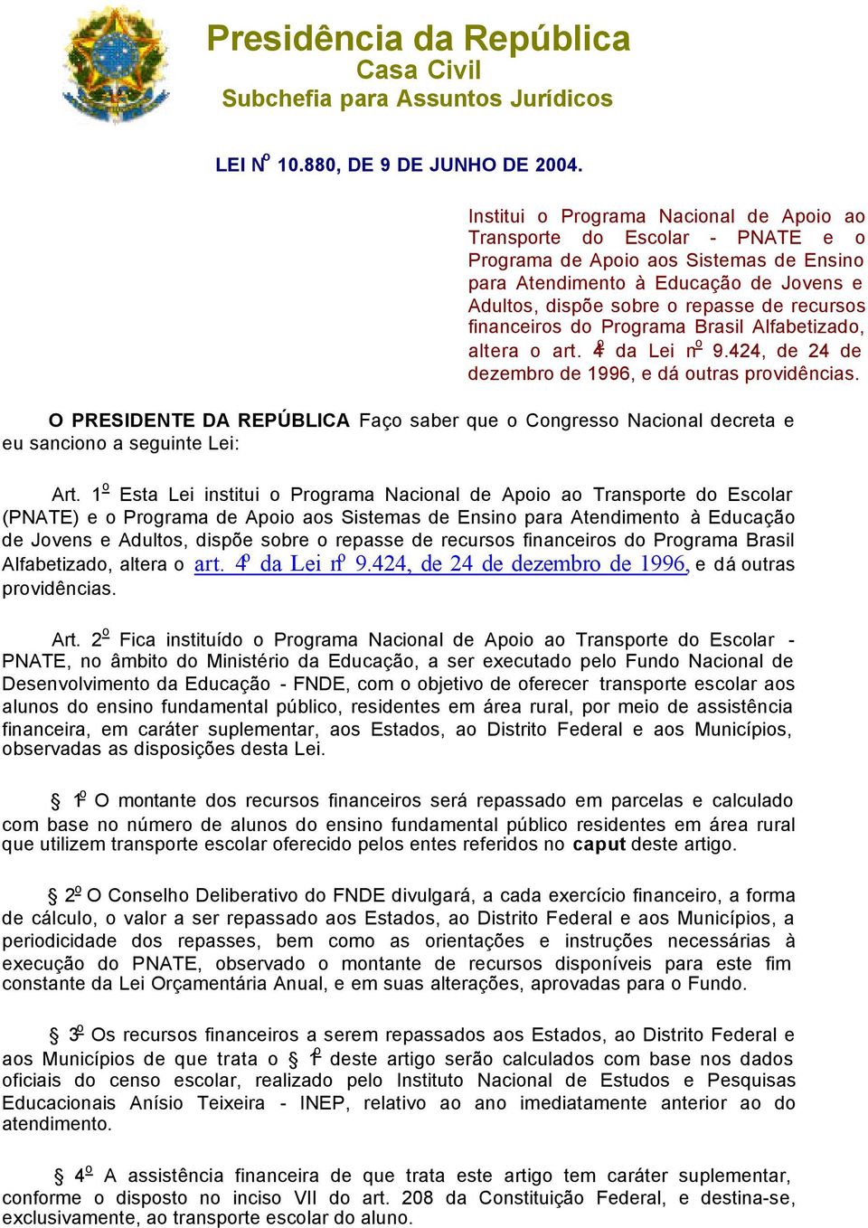 financeiros do Programa Brasil Alfabetizado, altera o art. 4 o da Lei n o 9.424, de 24 de dezembro de 1996, e dá outras providências.