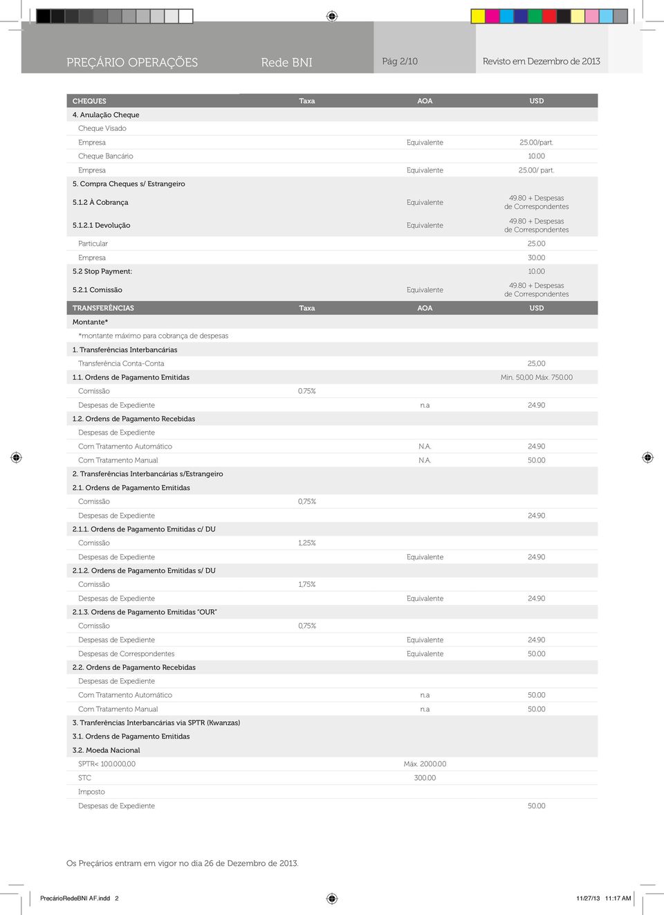 80 + Despesas de Correspondentes TRANSFERÊNCIAS Taxa AOA USD Montante* *montante máximo para cobrança de despesas 1. Transferências Interbancárias Transferência Conta-Conta 25,00 1.1. Ordens de Pagamento Emitidas Min.