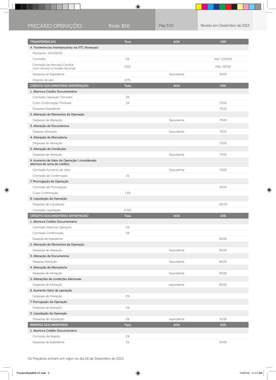 Abertura Crédito Documentário Comissão Operação Trimestre 2% Custo Confirmação Trimestre 1% 75.00 Despesas Expediente 75.00 2. Alteração de Elementos da Operação Despesas de Alteração Equivalente 75.