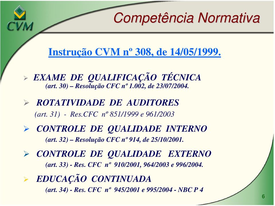 CFC nº 851/1999 e 961/2003 CONTROLE DE QUALIDADE INTERNO (art. 32) Resolução CFC nº 914, de 25/10/2001.