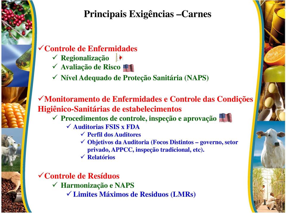 de controle, inspeção e aprovação Auditorias FSIS x FDA Perfil dos Auditores Objetivos da Auditoria (Focos Distintos governo,