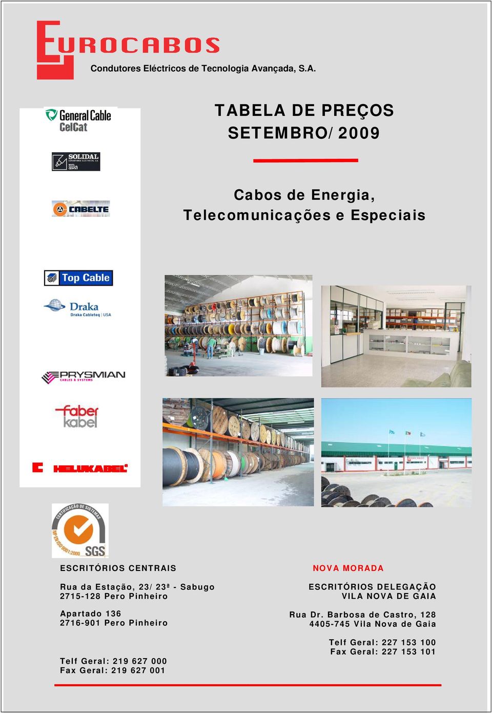TABELA DE PREÇOS SETEMBRO/ 2009 Cabos de Energia, Telecomunicações e Especiais ESCRITÓRIOS CENTRAIS Rua da