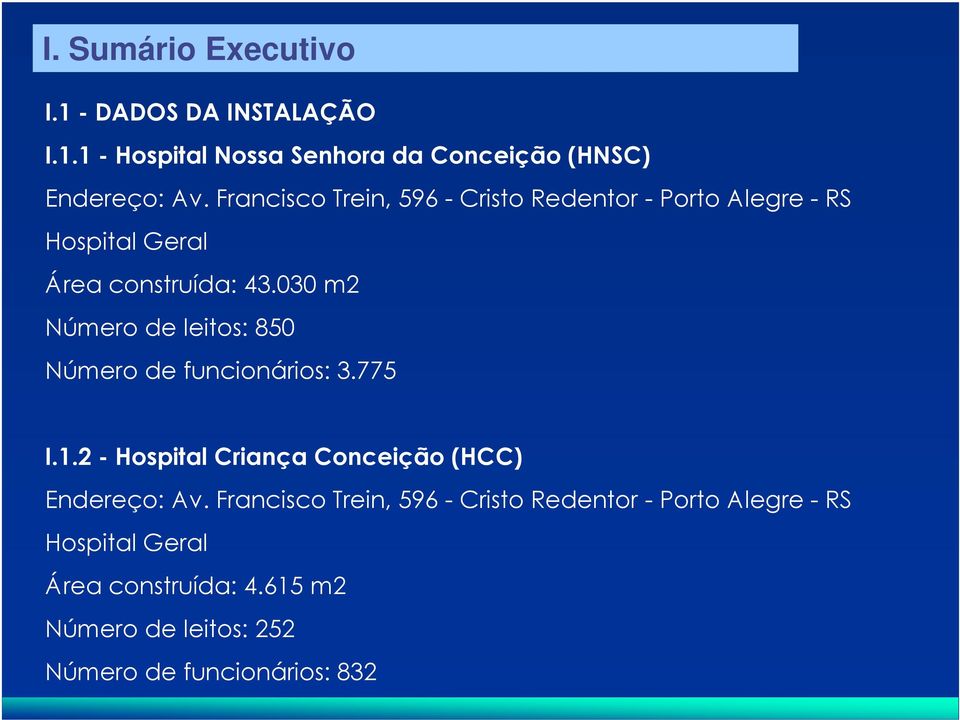030 m2 Número de leitos: 850 Número de funcionários: 3.775 I.1.2 - Hospital Criança Conceição (HCC) Endereço: Av.