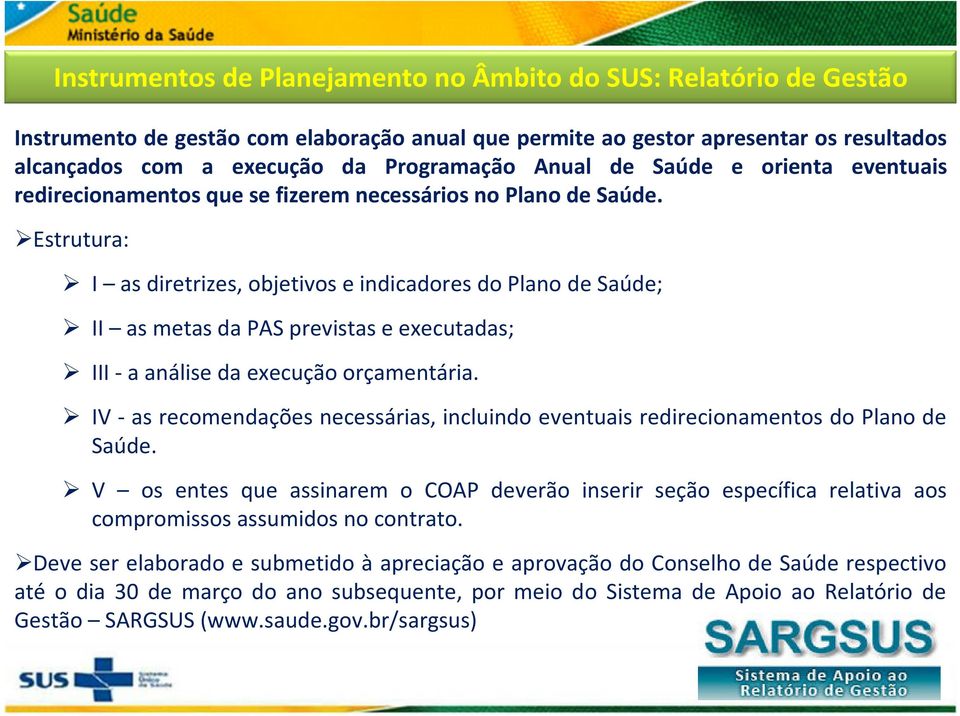 Estrutura: I as diretrizes, objetivos e indicadores do Plano de Saúde; II as metas da PAS previstas e executadas; III - a análise da execução orçamentária.