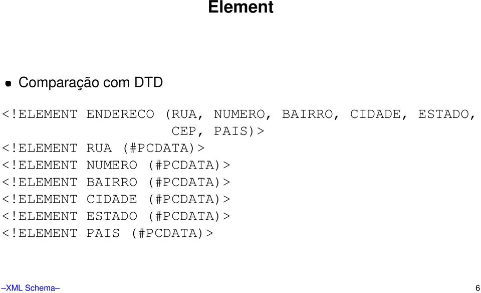 <!ELEMENT RUA (#PCDATA)> <!ELEMENT NUMERO (#PCDATA)> <!