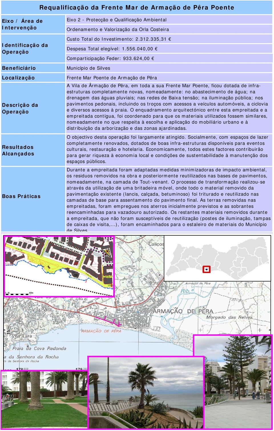 624,00 Beneficiário Município de Silves Localização Frente Mar Poente de Armação de Pêra Descrição da A Vila de Ârmação de Pêra, em toda a sua Frente Mar Poente, ficou dotada de infraestruturas