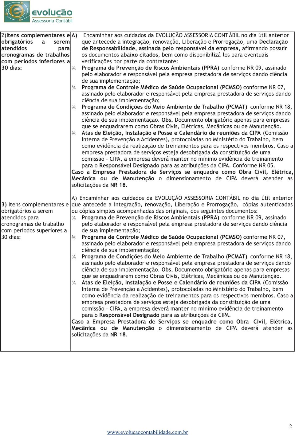 com períodos inferiores a verificações por parte da contratante: 30 dias: Programa de Prevenção de Riscos Ambientais (PPRA) conforme NR 09, assinado pelo elaborador e responsável pela empresa