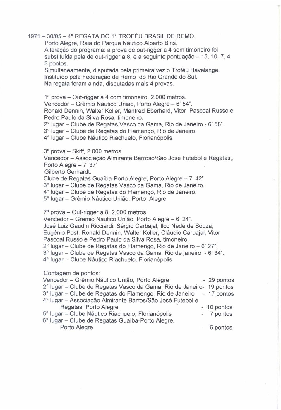 Simultaneamente, disputada pela primeira vez o Troféu Havelange, Instituído pela Federação de Remo do Rio Grande do Sul. Na regata foram ainda, disputadas mais 4 provas.