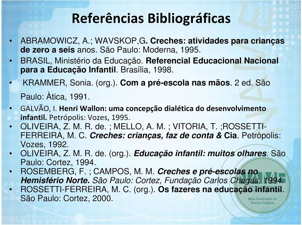 Henri Wallon: uma concepção dialética do desenvolvimento infantil. Petrópolis: Vozes, 1995. OLIVEIRA, Z. M. R. de. ; MELLO, A. M. ; VITORIA, T. ;ROSSETTI- FERREIRA, M. C.