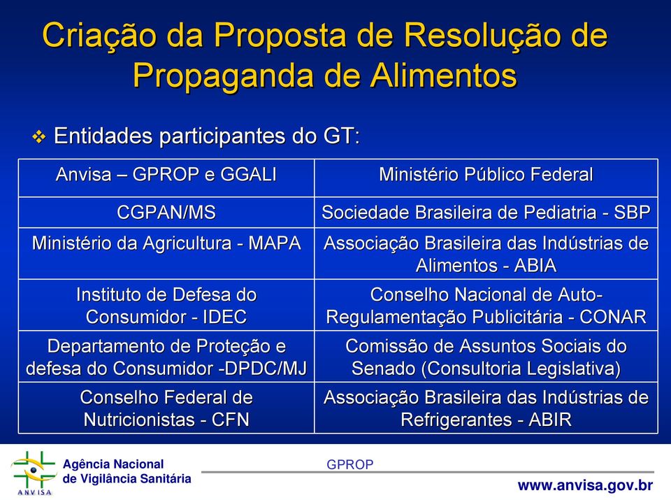 Público P Federal Sociedade Brasileira de Pediatria - SBP Associaçã ção o Brasileira das Indústrias de Alimentos - ABIA Conselho Nacional de Auto-