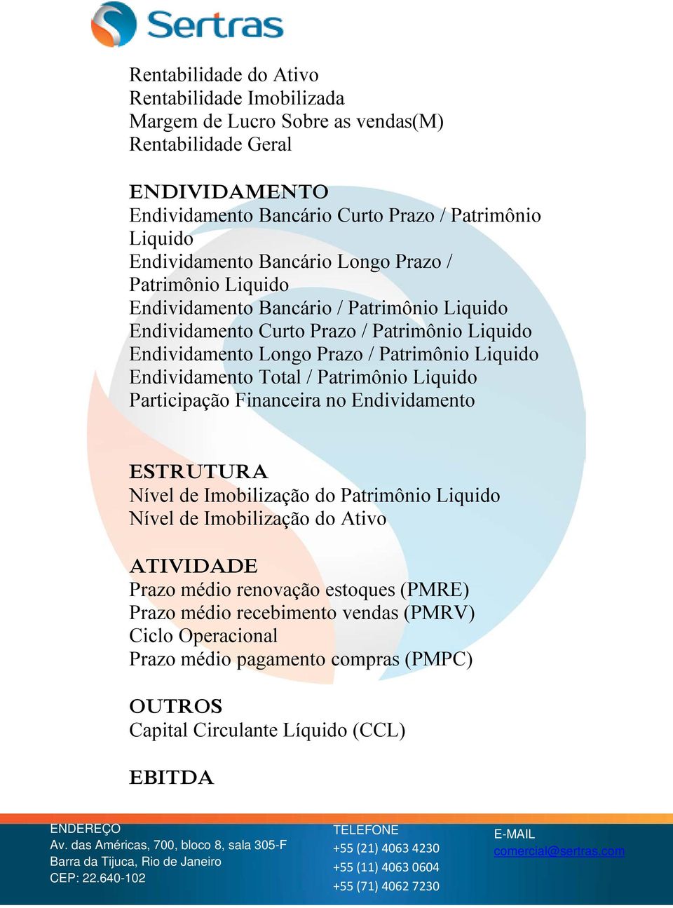 Patrimônio Liquido Endividamento Total / Patrimônio Liquido Participação Financeira no Endividamento ESTRUTURA Nível de Imobilização do Patrimônio Liquido Nível de Imobilização do