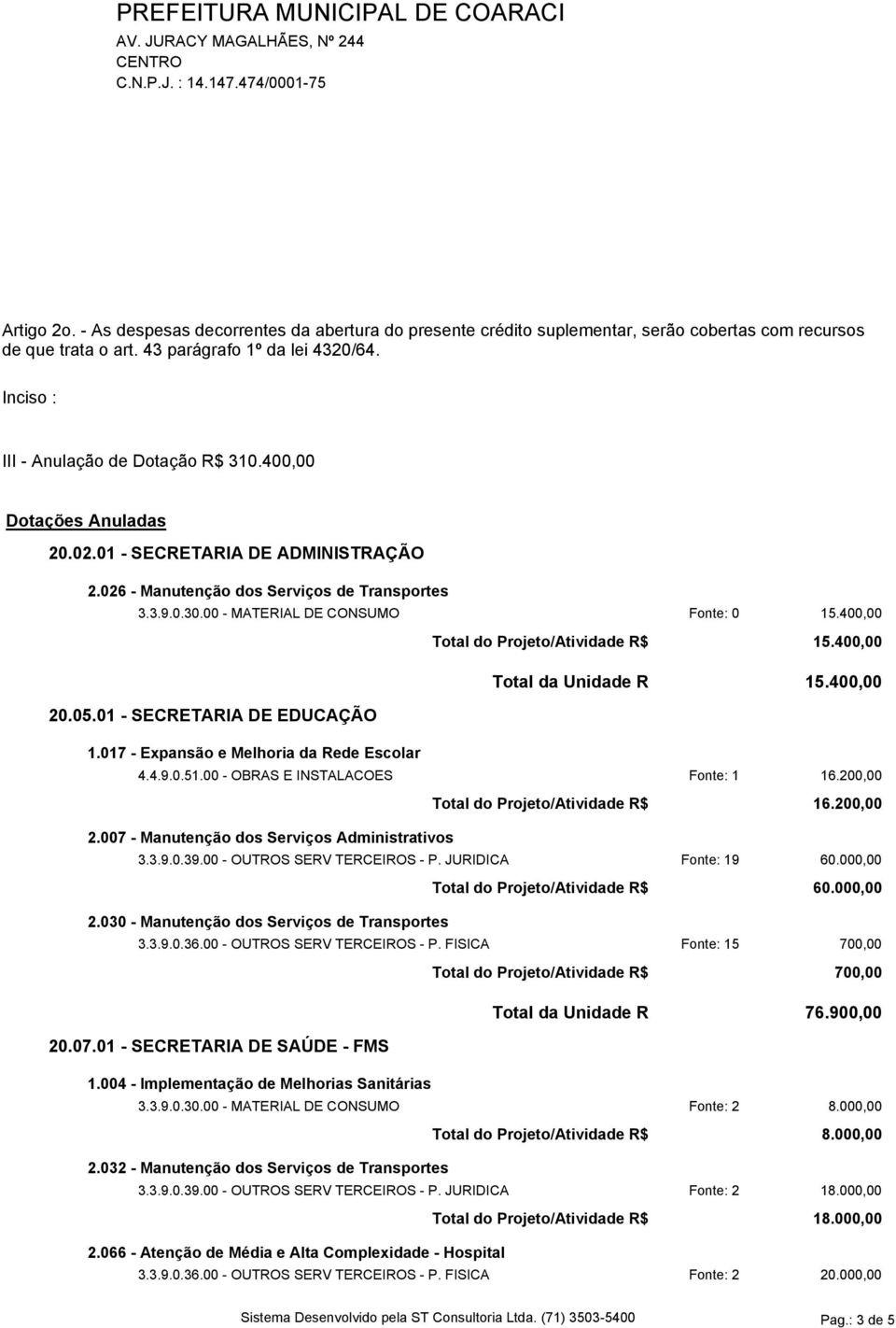 00 - MATERIAL DE CONSUMO Fonte: 0 15.400,00 20.05.01 - SECRETARIA DE EDUCAÇÃO 1.017 - Expansão e Melhoria da Rede Escolar Total do Projeto/Atividade R$ 15.400,00 Total da Unidade R 15.400,00 4.4.9.0.51.