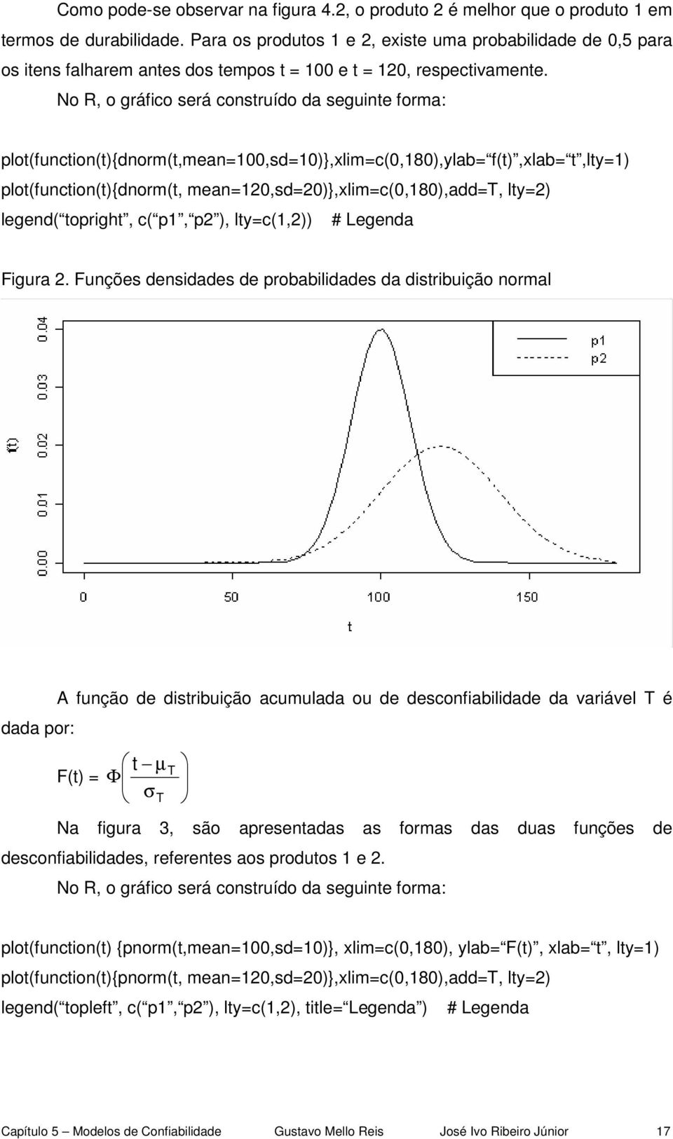 No R, o gráfico será construído da seguinte forma: plot(function(t){dnorm(t,mean=00,sd=0)},xlim=c(0,80),ylab= f(t),xlab= t,lty=) plot(function(t){dnorm(t, mean=0,sd=0)},xlim=c(0,80),add=t, lty=)