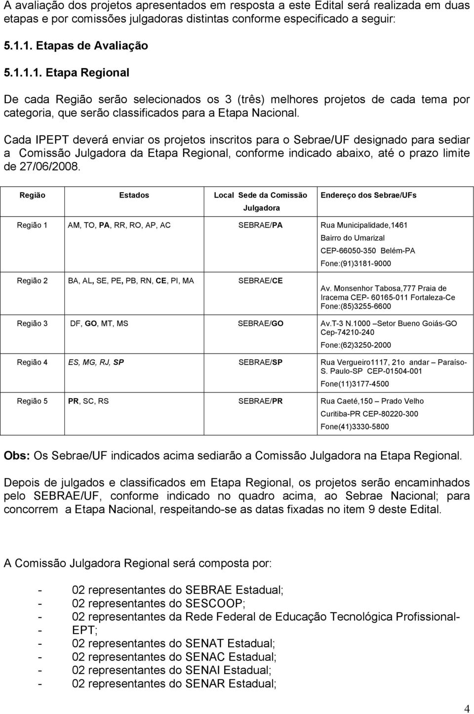 Cada IPEPT deverá enviar os projetos inscritos para o Sebrae/UF designado para sediar a Comissão Julgadora da Etapa Regional, conforme indicado abaixo, até o prazo limite de 27/06/2008.