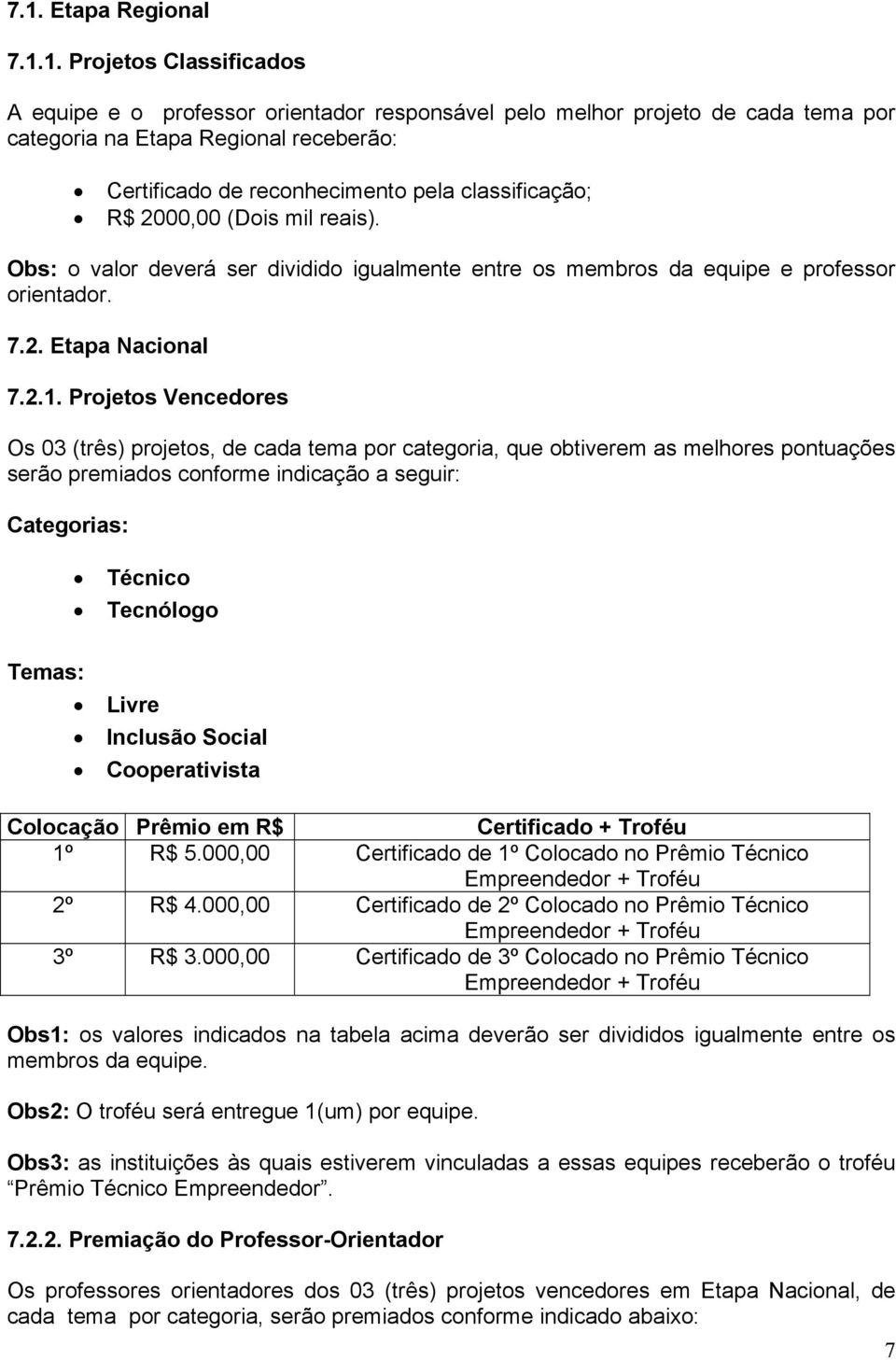 Projetos Vencedores Os 03 (três) projetos, de cada tema por categoria, que obtiverem as melhores pontuações serão premiados conforme indicação a seguir: Categorias: Temas: Técnico Tecnólogo Livre