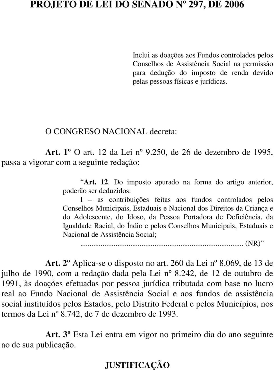 da Lei nº 9.250, de 26 de dezembro de 1995, passa a vigorar com a seguinte redação: Art. 12.
