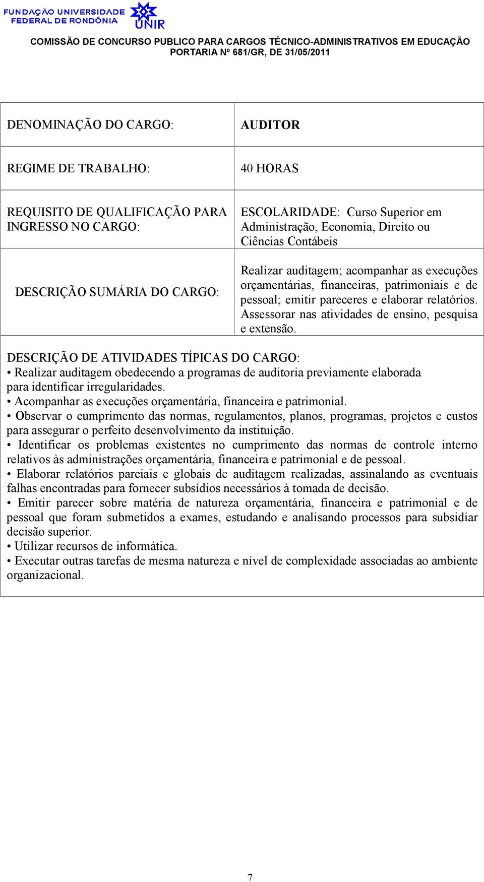 Realizar auditagem obedecendo a programas de auditoria previamente elaborada para identificar irregularidades. Acompanhar as execuções orçamentária, financeira e patrimonial.