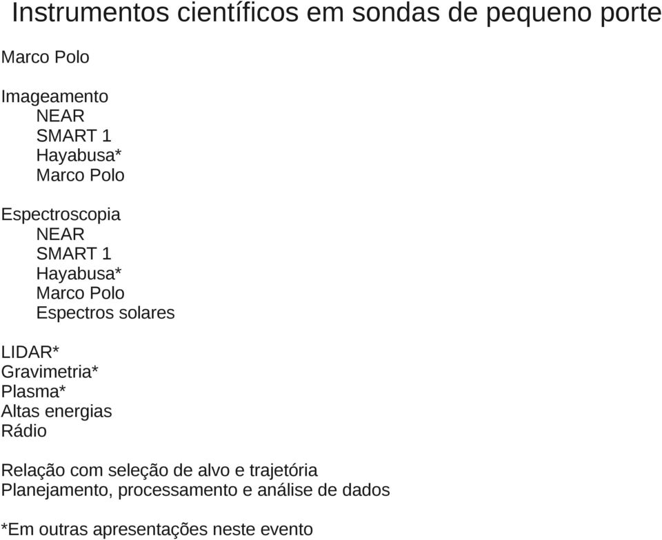 LIDAR* Gravimetria* Plasma* Altas energias Rádio Relação com seleção de alvo e