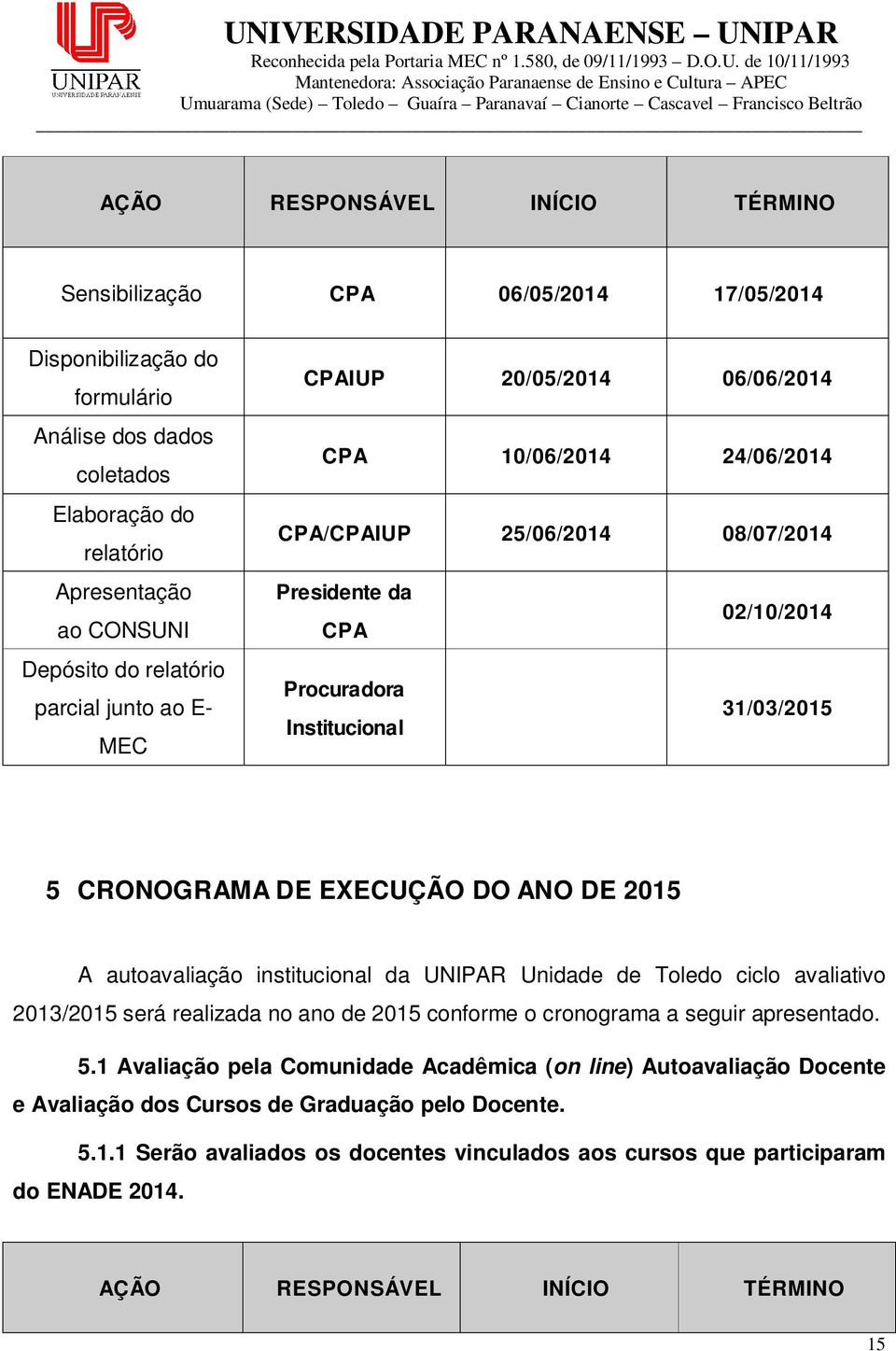 institucional da UNIPAR Unidade de Toledo ciclo avaliativo 2013/2015 será realizada no ano de 2015 conforme o cronograma a seguir apresentado. 5.