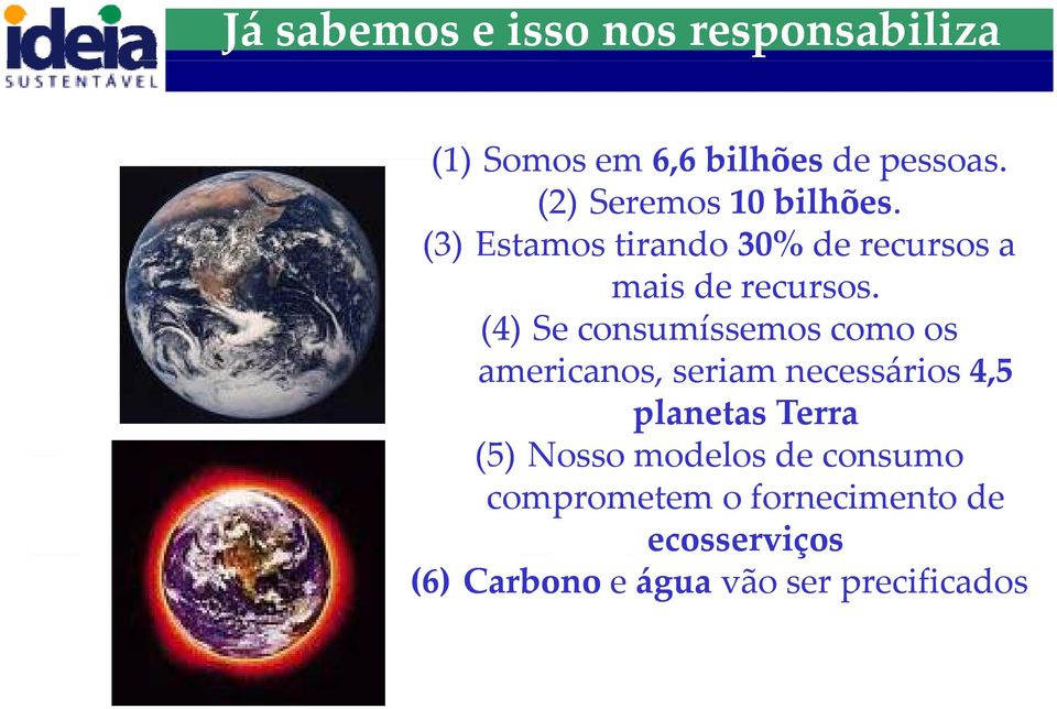 (4) Se consumíssemos como os americanos, seriam necessários 4,5 planetas Terra (5)