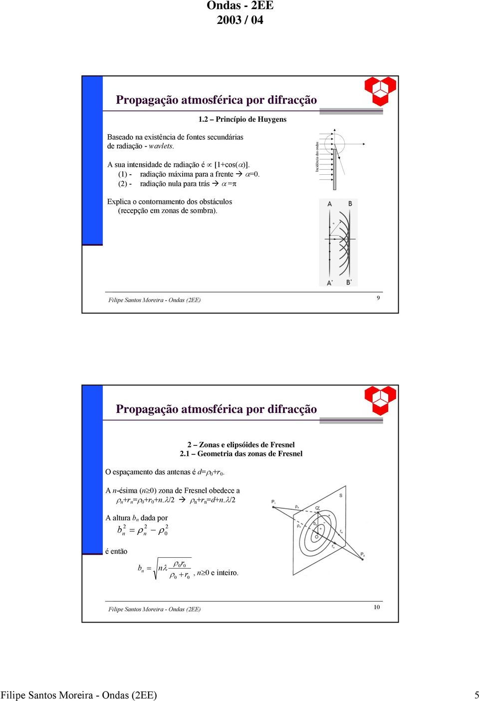 Filipe Santos Moreira - Ondas (EE) 9 O espaçamento das antenas é d=ρ +r. A n-ésima (n ) zona de Fresnel obedece a ρ n +r n =ρ +r +n.λ/ ρ n +r n =d+n.