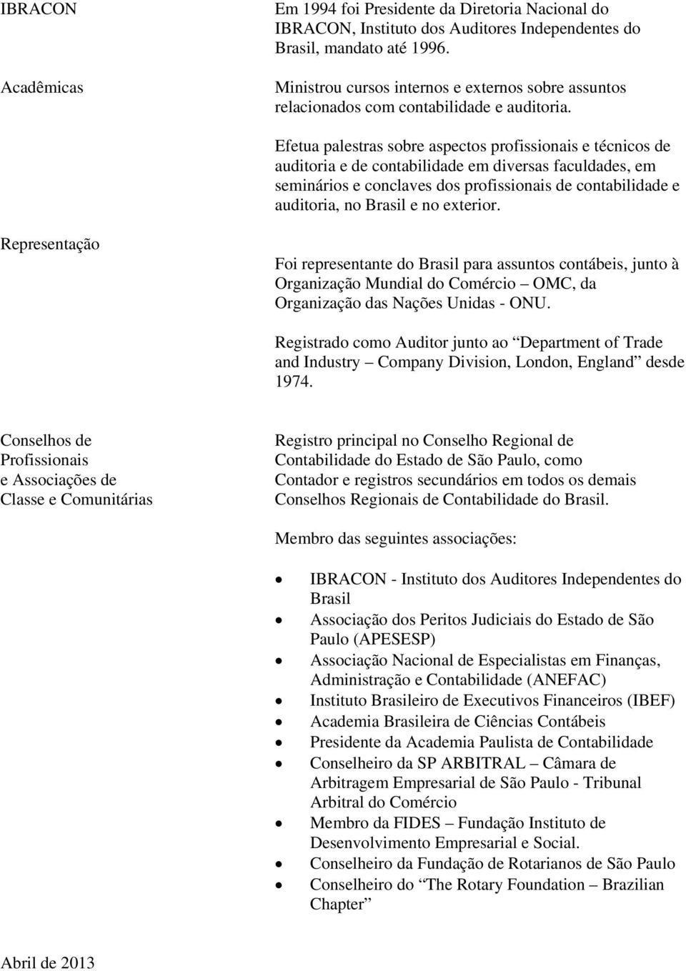 Efetua palestras sobre aspectos profissionais e técnicos de auditoria e de contabilidade em diversas faculdades, em seminários e conclaves dos profissionais de contabilidade e auditoria, no Brasil e