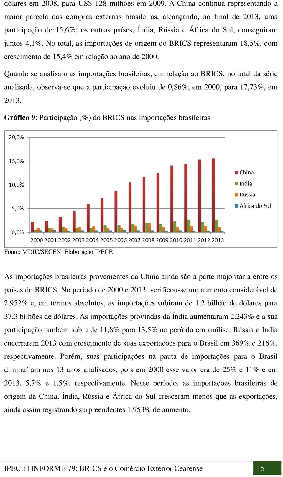 juntos 4,1%. No total, as importações de origem do BRICS representaram 18,5%, com crescimento de 15,4% em relação ao ano de 2000.