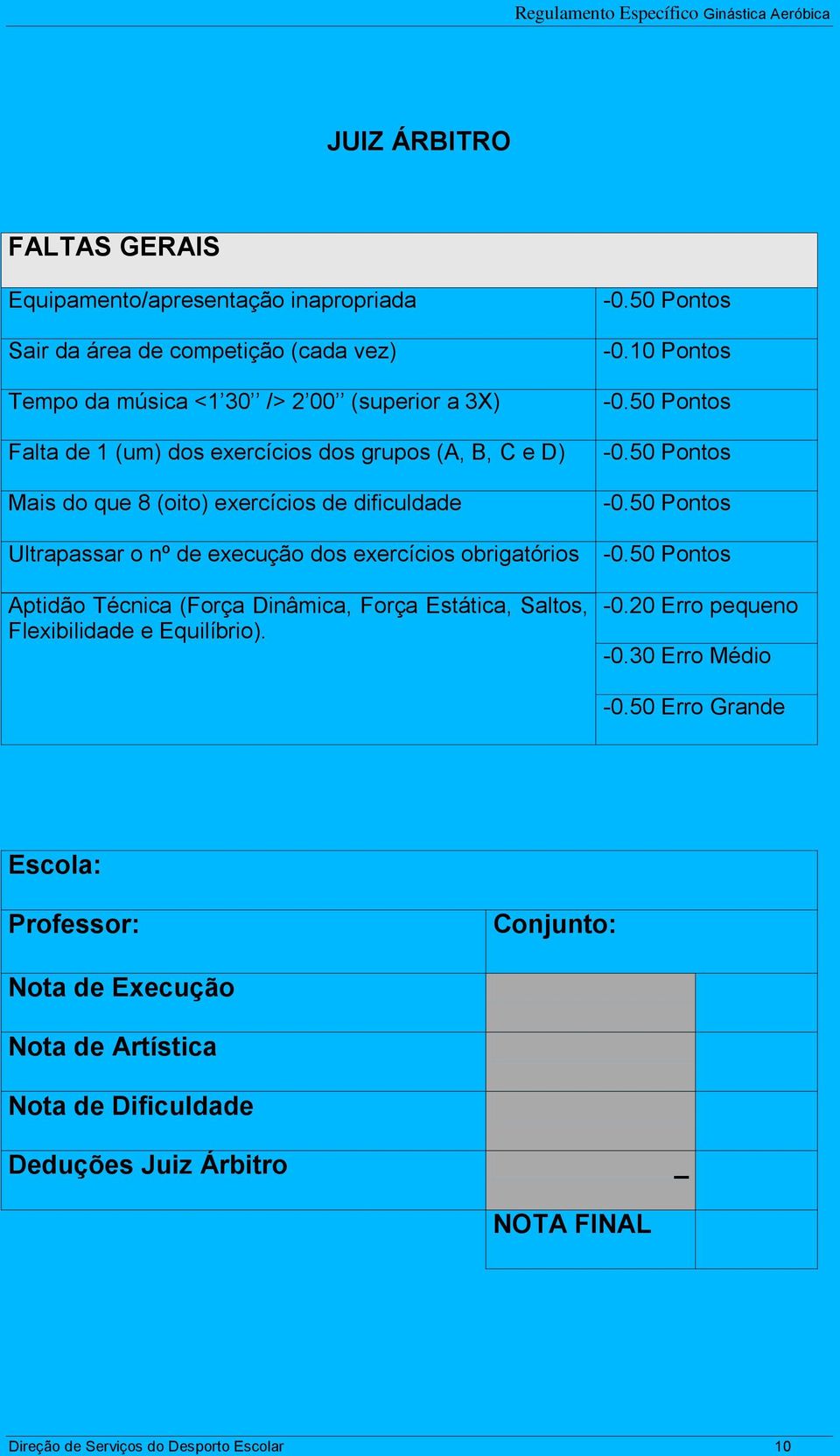 50 Pontos Aptidão Técnica (Força Dinâmica, Força Estática, Saltos, Flexibilidade e Equilíbrio). -0.20 Erro pequeno -0.30 Erro Médio -0.