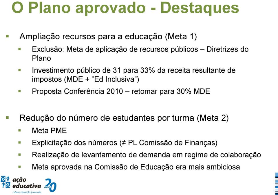 Conferência 2010 retomar para 30% MDE Redução do número de estudantes por turma (Meta 2) Meta PME Explicitação dos números ( PL