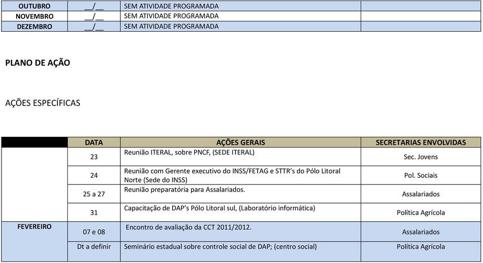 Jovens 24 Reunião com Gerente executivo do INSS/FETAG e STTR s do Pólo Litoral Norte (Sede do INSS) Pol. Sociais 25 a 27 Reunião preparatória para Assalariados.