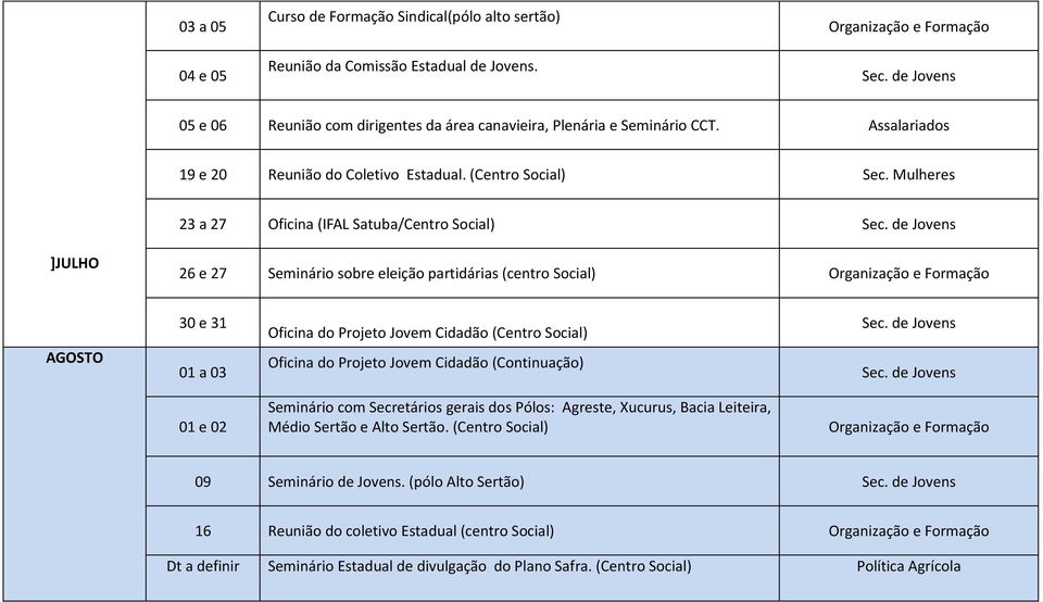 Mulheres 23 a 27 Oficina (IFAL Satuba/Centro Social) ]JULHO 26 e 27 Seminário sobre eleição partidárias (centro Social) AGOSTO 30 e 31 01 a 03 Oficina do Projeto Jovem Cidadão (Centro Social)